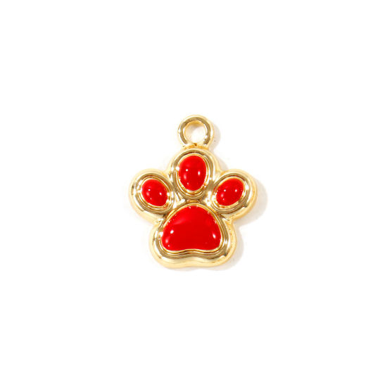 Picture of 10 PCs Zinc Based Alloy Pet Memorial Charms Wholesale Gold Plated Red Enamel Paw Print 17mm x 14mm