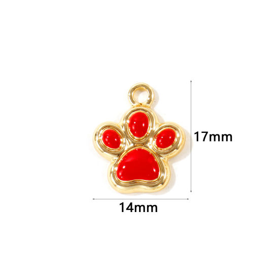Picture of 10 PCs Zinc Based Alloy Pet Memorial Charms Wholesale Gold Plated Red Enamel Paw Print 17mm x 14mm