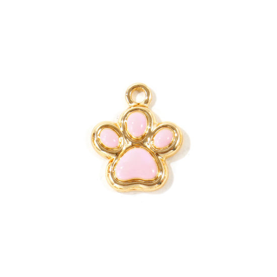 Picture of 10 PCs Zinc Based Alloy Pet Memorial Charms Wholesale Gold Plated Pink Enamel Paw Print 17mm x 14mm
