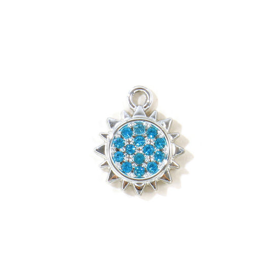 Picture of 10 PCs Zinc Based Alloy Galaxy Charms Wholesale Silver Tone Sun Blue Rhinestone 16mm x 13mm