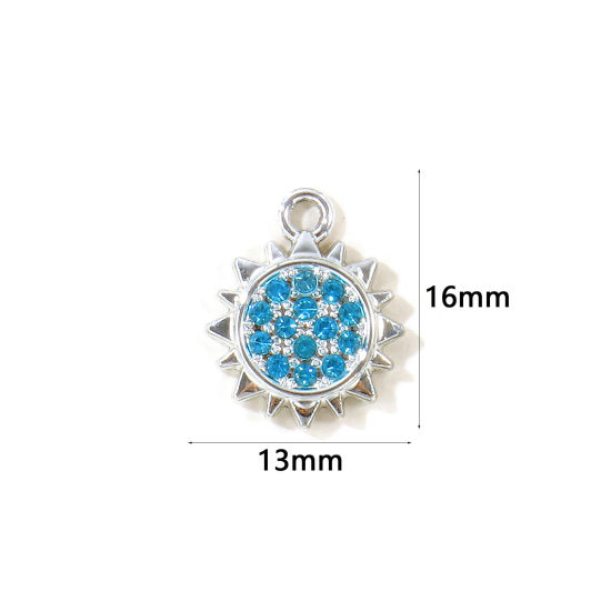 Picture of 10 PCs Zinc Based Alloy Galaxy Charms Wholesale Silver Tone Sun Blue Rhinestone 16mm x 13mm