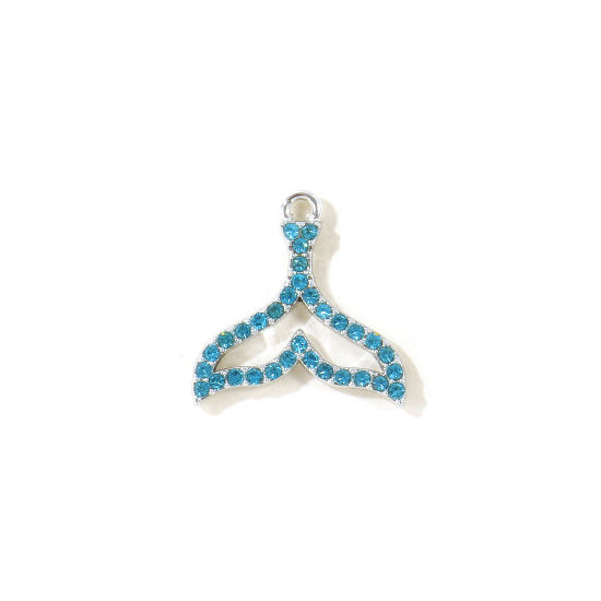 Picture of 10 PCs Zinc Based Alloy Charms Wholesale Silver Tone Fishtail Hollow Blue Rhinestone 18mm x 18mm