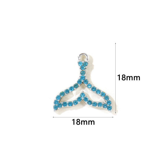 Picture of 10 PCs Zinc Based Alloy Charms Wholesale Silver Tone Fishtail Hollow Blue Rhinestone 18mm x 18mm