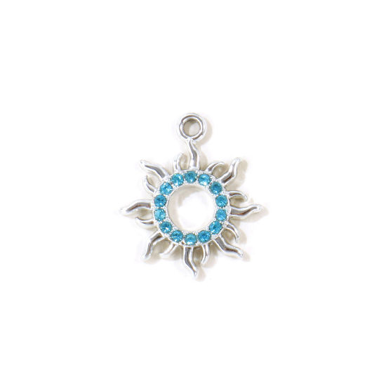 Picture of 10 PCs Zinc Based Alloy Galaxy Charms Wholesale Silver Tone Sun Hollow Blue Rhinestone 19mm x 17mm