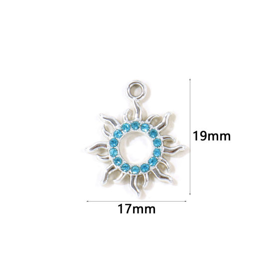 Picture of 10 PCs Zinc Based Alloy Galaxy Charms Wholesale Silver Tone Sun Hollow Blue Rhinestone 19mm x 17mm
