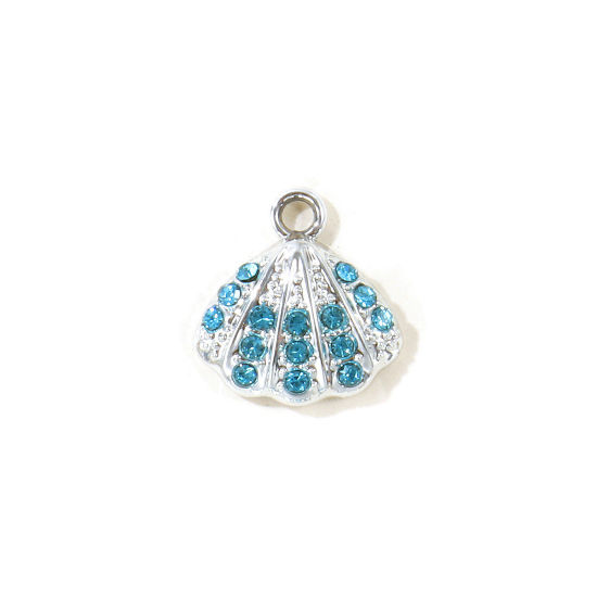 Picture of 10 PCs Zinc Based Alloy Charms Wholesale Silver Tone Shell Blue Rhinestone 15mm x 14mm
