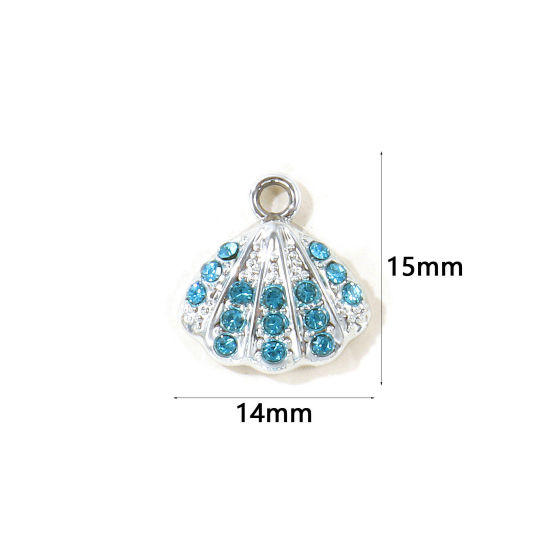 Picture of 10 PCs Zinc Based Alloy Charms Wholesale Silver Tone Shell Blue Rhinestone 15mm x 14mm