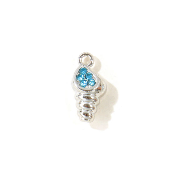 Picture of 10 PCs Zinc Based Alloy Charms Wholesale Silver Tone Conch/ Sea Snail Blue Rhinestone 16mm x 8mm