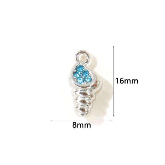 Picture of 10 PCs Zinc Based Alloy Charms Wholesale Silver Tone Conch/ Sea Snail Blue Rhinestone 16mm x 8mm