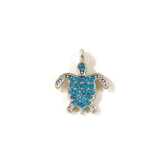 Picture of 10 PCs Zinc Based Alloy Ocean Jewelry Charms Wholesale Silver Tone Tortoise Animal Blue Rhinestone 18mm x 15mm