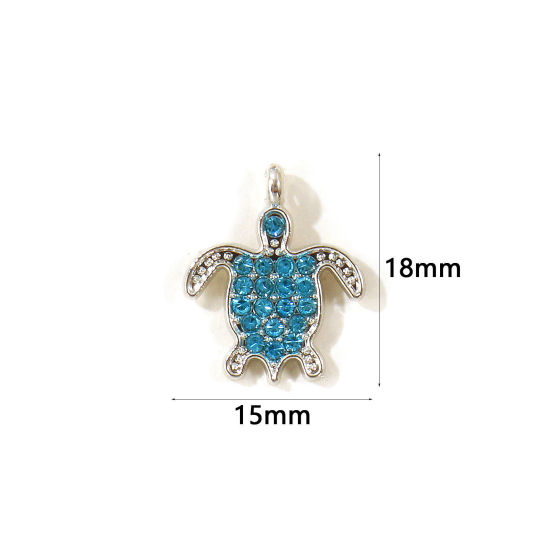 Picture of 10 PCs Zinc Based Alloy Ocean Jewelry Charms Wholesale Silver Tone Tortoise Animal Blue Rhinestone 18mm x 15mm