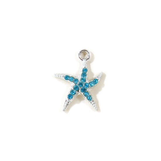 Picture of 10 PCs Zinc Based Alloy Ocean Jewelry Charms Wholesale Silver Tone Starfish Blue Rhinestone 19mm x 15mm