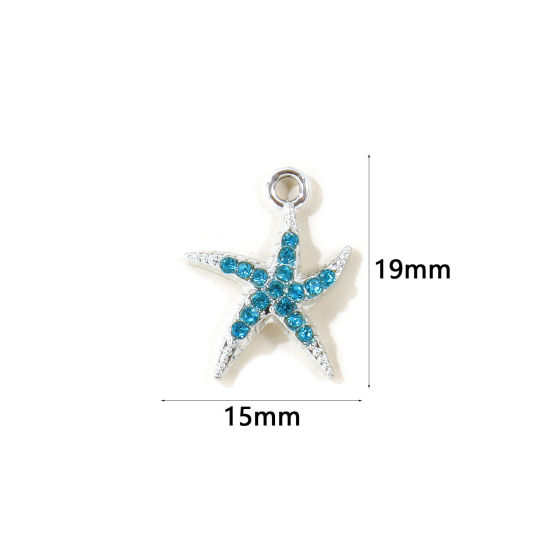 Picture of 10 PCs Zinc Based Alloy Ocean Jewelry Charms Wholesale Silver Tone Starfish Blue Rhinestone 19mm x 15mm