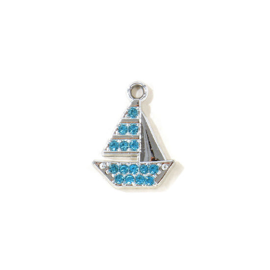 Picture of 10 PCs Zinc Based Alloy Ocean Jewelry Charms Wholesale Silver Tone Sailing Boat Blue Rhinestone 19mm x 14.5mm