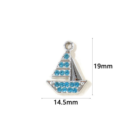 Picture of 10 PCs Zinc Based Alloy Ocean Jewelry Charms Wholesale Silver Tone Sailing Boat Blue Rhinestone 19mm x 14.5mm