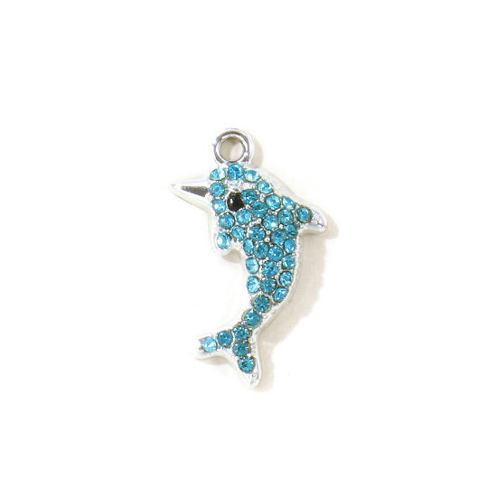 Picture of 10 PCs Zinc Based Alloy Ocean Jewelry Charms Wholesale Silver Tone Dolphin Animal Blue Rhinestone 22mm x 13mm