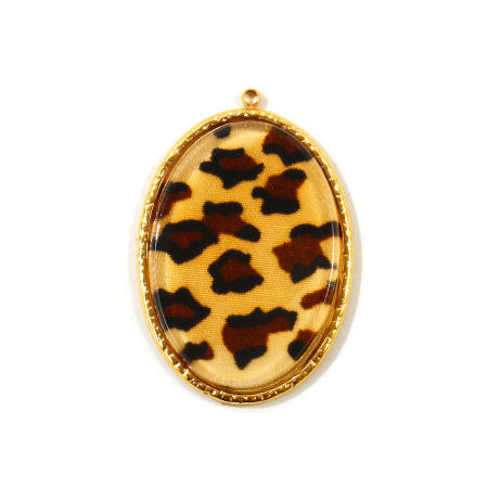1 Piece Eco-friendly PVD Waterproof Anti-Tarnish Hypoallergenic 304 Stainless Steel Pendants Wholesale 18K Real Gold Plated Brown Oval Leopard Print With Glass Cabochons 3.8cm x 2.6cm