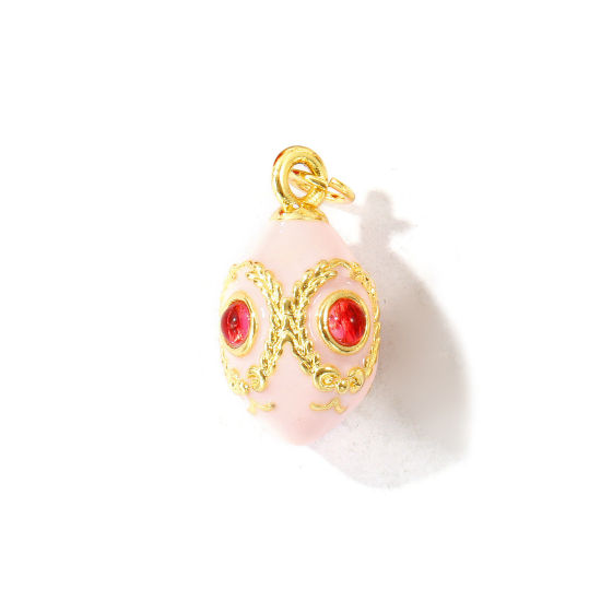 Picture of 1 Piece Brass Charms Wholesale, Easter Egg 18K Gold Plated Pink Enamel 3D Orange Pink Rhinestone 23mm x 12mm