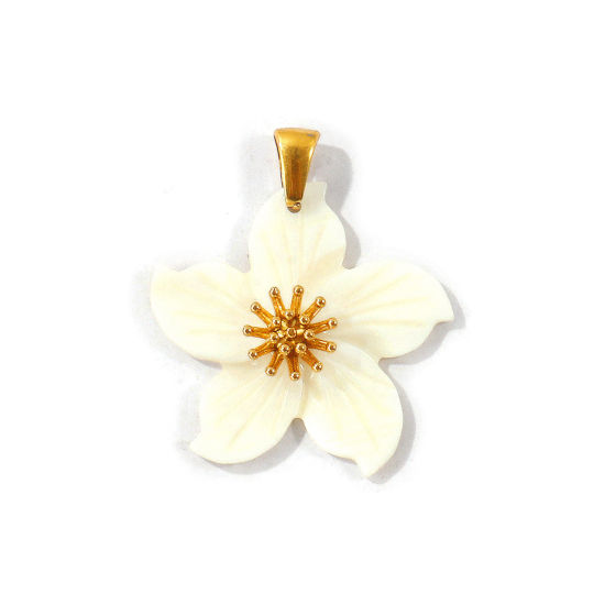 Picture of 2 PCs Eco-friendly PVD Waterproof Anti-Tarnish Hypoallergenic 304 Stainless Steel & Natural Shell Pendants Wholesale 18K Real Gold Plated White Flower 3.2cm x 2.8cm