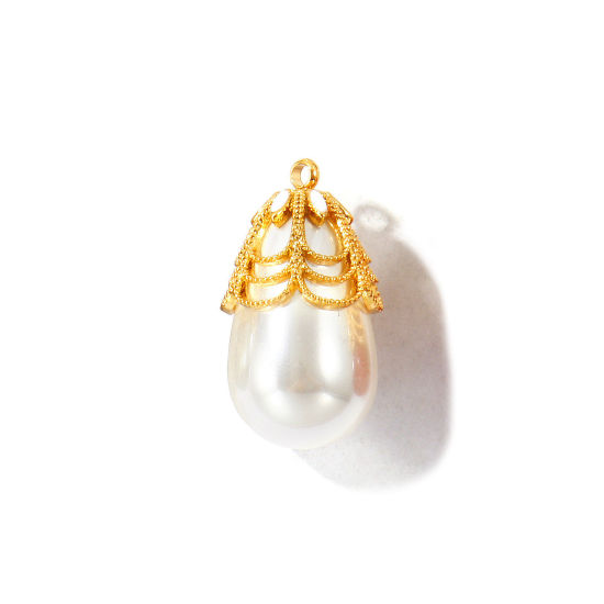 Picture of 1 Piece Eco-friendly PVD Waterproof Anti-Tarnish Hypoallergenic 304 Stainless Steel & Acrylic Style Of Royal Court Character Charms Wholesale 18K Real Gold Plated White Enamel Drop Imitation Pearl 25mm x 14mm