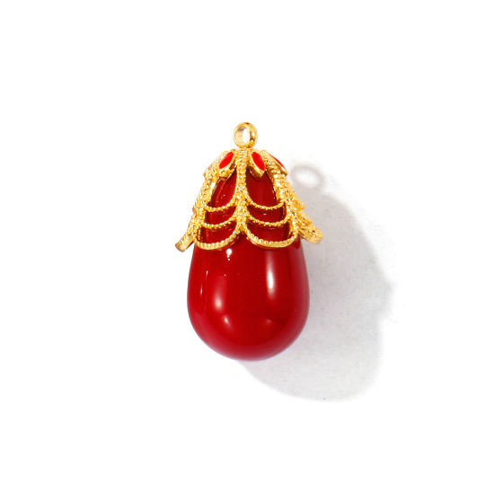 Picture of 1 Piece Eco-friendly PVD Waterproof Anti-Tarnish Hypoallergenic 304 Stainless Steel & Acrylic Style Of Royal Court Character Charms Wholesale 18K Real Gold Plated Wine Red Enamel Drop 3D 25mm x 14mm