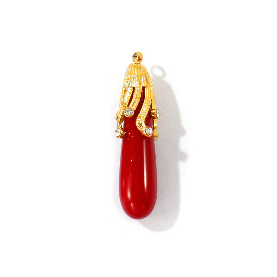 Picture of 1 Piece Eco-friendly PVD Waterproof Anti-Tarnish Hypoallergenic 304 Stainless Steel & Acrylic Style Of Royal Court Character Pendants Wholesale 18K Real Gold Plated Red Drop 3D Clear Rhinestone 3.4cm x 1cm