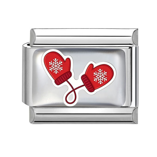 Picture of 1 Piece 304 Stainless Steel Italian Charm Links For DIY Modular Bracelet Watch Jewelry Making, Christmas Glove Red Silver Tone - Wholesale, 10mm x 9mm