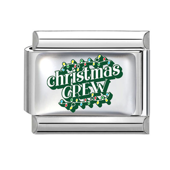Picture of 1 Piece 304 Stainless Steel Italian Charm Links For DIY Modular Bracelet Watch Jewelry Making, Message " Christmas Crew " Green Silver Tone - Wholesale, 10mm x 9mm