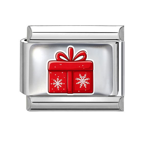 Picture of 1 Piece 304 Stainless Steel Italian Charm Links For DIY Modular Bracelet Watch Jewelry Making, Christmas Gift Box Red Silver Tone - Wholesale, 10mm x 9mm