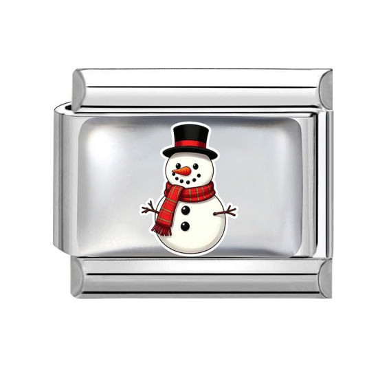 Picture of 1 Piece 304 Stainless Steel Italian Charm Links For DIY Modular Bracelet Watch Jewelry Making, Christmas Snowman White Silver Tone - Wholesale, 10mm x 9mm