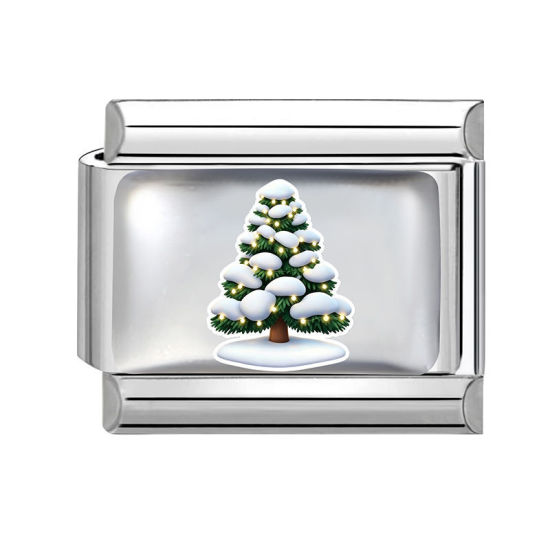 Picture of 1 Piece 304 Stainless Steel Italian Charm Links For DIY Modular Bracelet Watch Jewelry Making, Christmas Tree White Silver Tone - Wholesale, 10mm x 9mm