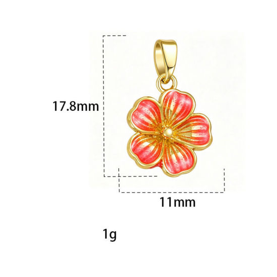 Picture of 2 PCs Brass Charm Pendant Wholesale, Flower 18K Gold Plated Hot Pink Enamel 17.8mm x 11mm