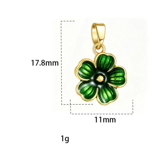 Picture of 2 PCs Brass Charm Pendant Wholesale, Flower 18K Gold Plated Green Enamel 17.8mm x 11mm