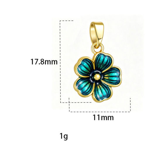 Picture of 2 PCs Brass Charm Pendant Wholesale, Flower 18K Gold Plated Dark Blue Enamel 17.8mm x 11mm