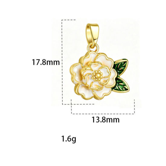 Picture of 2 PCs Brass Charm Pendant Wholesale, Flower 18K Gold Plated White Enamel 17.8mm x 13.8mm