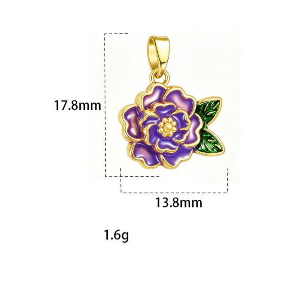 Picture of 2 PCs Brass Charm Pendant Wholesale, Flower 18K Gold Plated Purple Enamel 17.8mm x 13.8mm