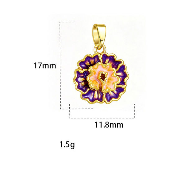 Picture of 2 PCs Brass Charm Pendant Wholesale, Flower 18K Gold Plated Purple Enamel 17mm x 11.8mm