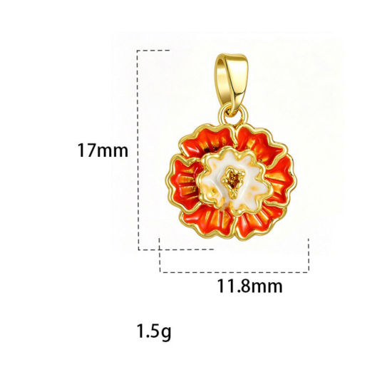 Picture of 2 PCs Brass Charm Pendant Wholesale, Flower 18K Gold Plated Orange-red Enamel 17mm x 11.8mm