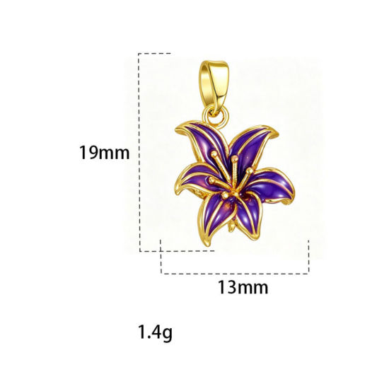 Picture of 2 PCs Brass Charm Pendant Wholesale, Flower 18K Gold Plated Purple Enamel 19mm x 13mm