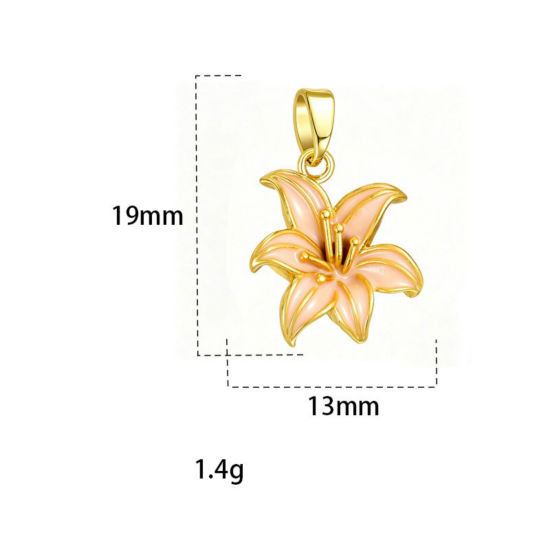 Picture of 2 PCs Brass Charm Pendant Wholesale, Flower 18K Gold Plated Pink Enamel 19mm x 13mm