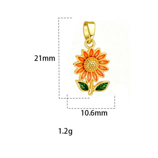 Picture of 2 PCs Brass Charm Pendant Wholesale, Sunflower 18K Gold Plated Orange-red Enamel 21mm x 10.6mm