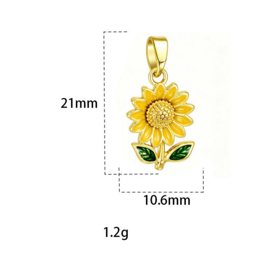 Picture of 2 PCs Brass Charm Pendant Wholesale, Sunflower 18K Gold Plated Yellow Enamel 21mm x 10.6mm