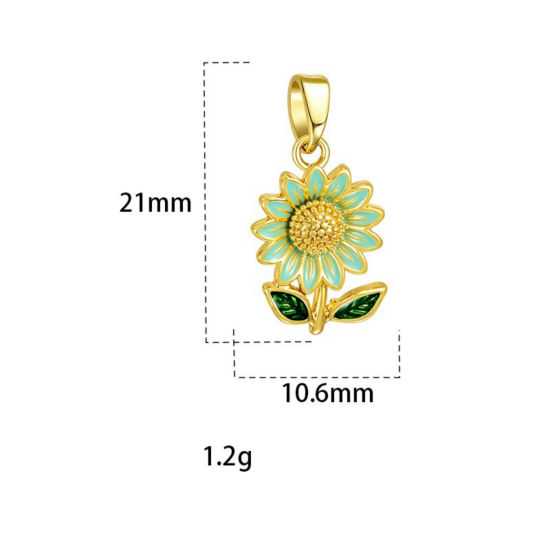 Picture of 2 PCs Brass Charm Pendant Wholesale, Sunflower 18K Gold Plated Blue Enamel 21mm x 10.6mm