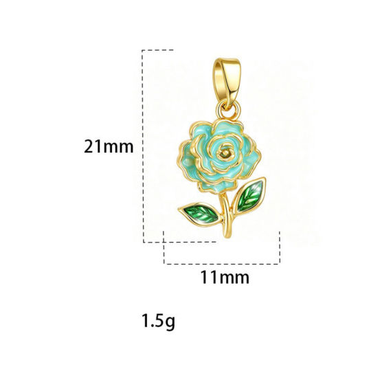 Picture of 2 PCs Brass Charm Pendant Wholesale, Rose Flower 18K Gold Plated Blue Enamel 21mm x 11mm