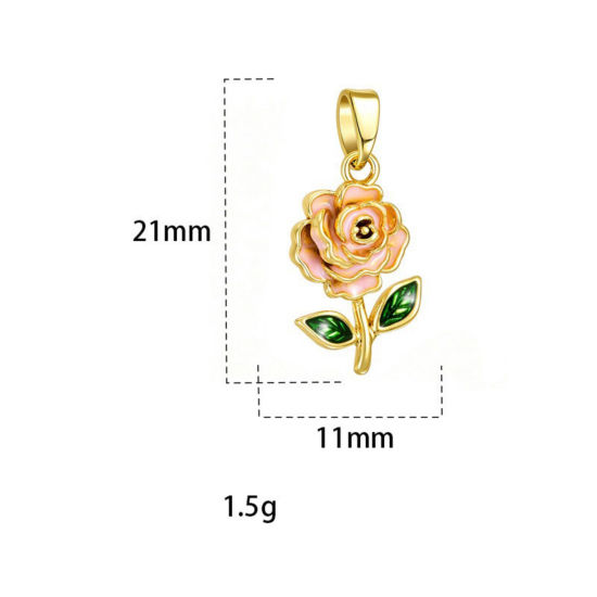 Picture of 2 PCs Brass Charm Pendant Wholesale, Rose Flower 18K Gold Plated Pink Enamel 21mm x 11mm