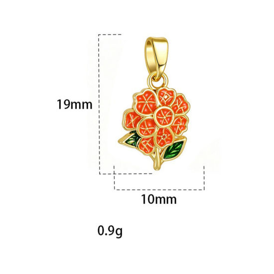 Picture of 2 PCs Brass Charm Pendant Wholesale, Flower 18K Gold Plated Orange-red Enamel 19mm x 10mm