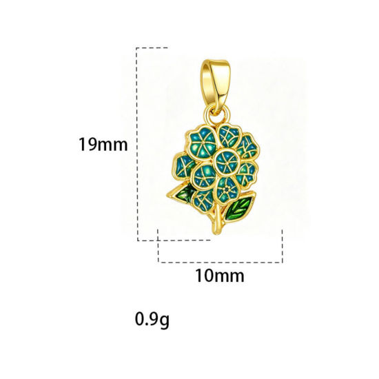 Picture of 2 PCs Brass Charm Pendant Wholesale, Flower 18K Gold Plated Blue Enamel 19mm x 10mm