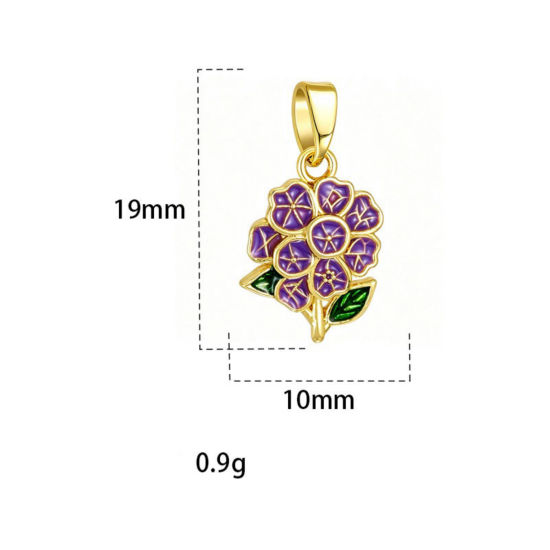Picture of 2 PCs Brass Charm Pendant Wholesale, Flower 18K Gold Plated Purple Enamel 19mm x 10mm