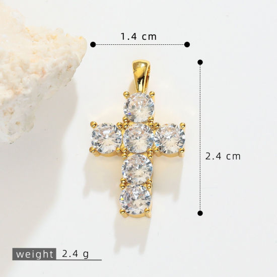 Picture of 1 Piece Brass Religious Charms Wholesale, Cross 18K Gold Plated Clear Cubic Zirconia 24mm x 14mm