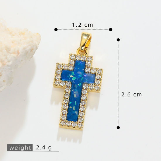 Picture of 1 Piece Brass Religious Charm Pendant Wholesale, Cross 18K Gold Plated Blue Cubic Zirconia 26mm x 12mm